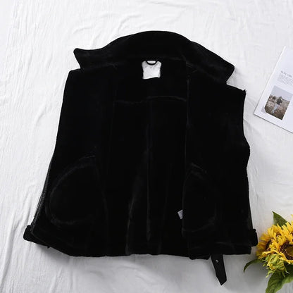 Faux Fur Jacket with Belt Streetwear Female Moto Biker Loose Thicken