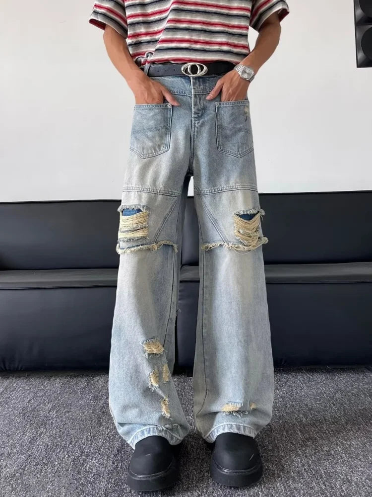 2025 Ropa Y2K Grunge Washed Blue Baggy Stacked Ripped Jeans Pants For Men Clothing Wide Leg Vintage Long Trousers Pantalon Homme