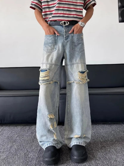 2025 Ropa Y2K Grunge Washed Blue Baggy Stacked Ripped Jeans Pants For Men Clothing Wide Leg Vintage Long Trousers Pantalon Homme