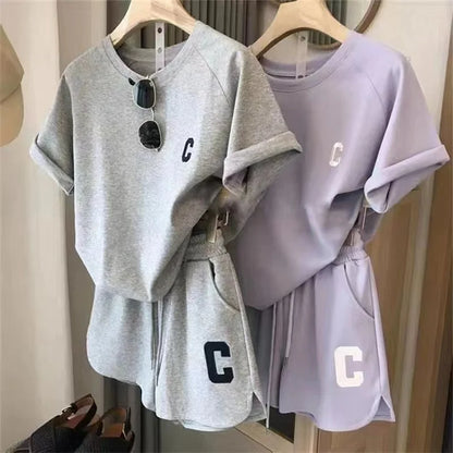 Women Tracksuit C Letter Print Short Sleeve T-shirt Drawstring Shorts Sport Suit Lady Exercise T-shirt Shorts Two-piece Suit