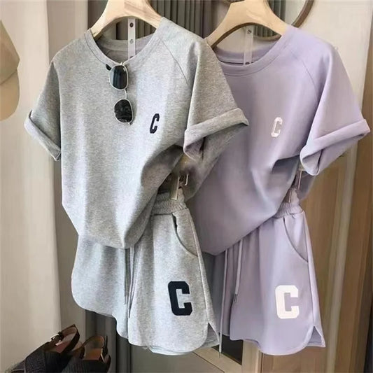 Women Tracksuit C Letter Print Short Sleeve T-shirt Drawstring Shorts Sport Suit Lady Exercise T-shirt Shorts Two-piece Suit