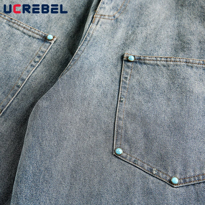 Ripped Jeans Mens With Rivets Pocket Retro High Street Washed Distressed Loose Wide leg Denim Pants Men