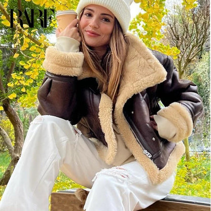 Faux Lamb Fur Short Jacket Vintage Female Moto Biker Zipper Thick Warm Coat Fleece Outwear