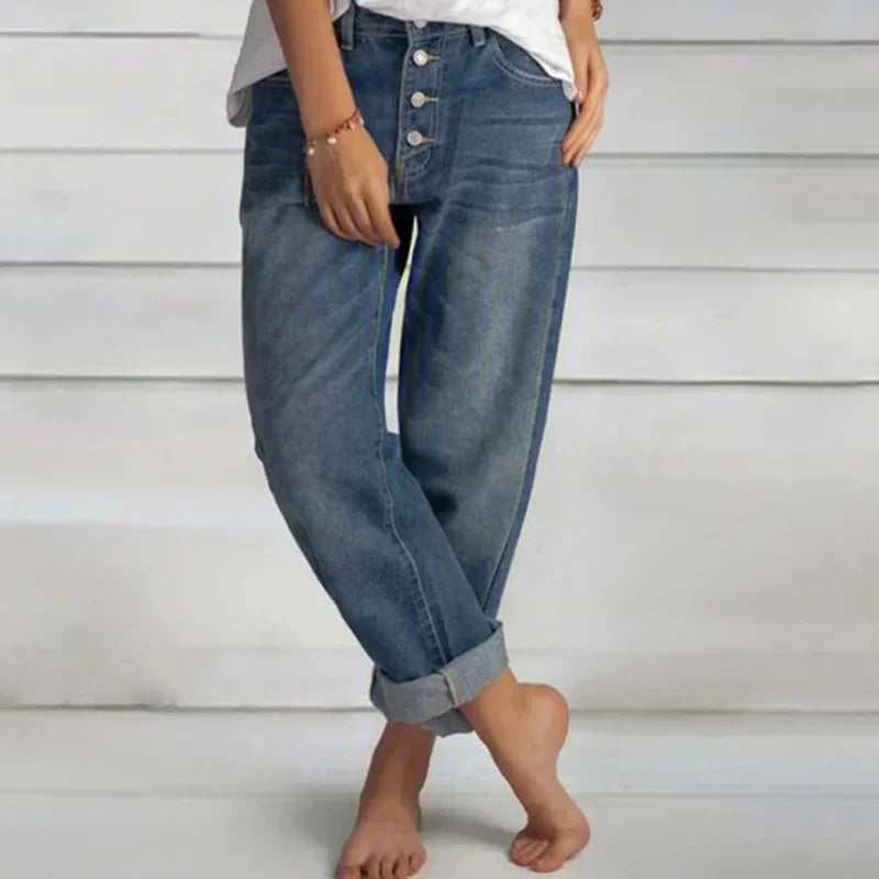 High Waist Single-breasted Splicing Straight Jeans Female Loose Casual Washable Trousers