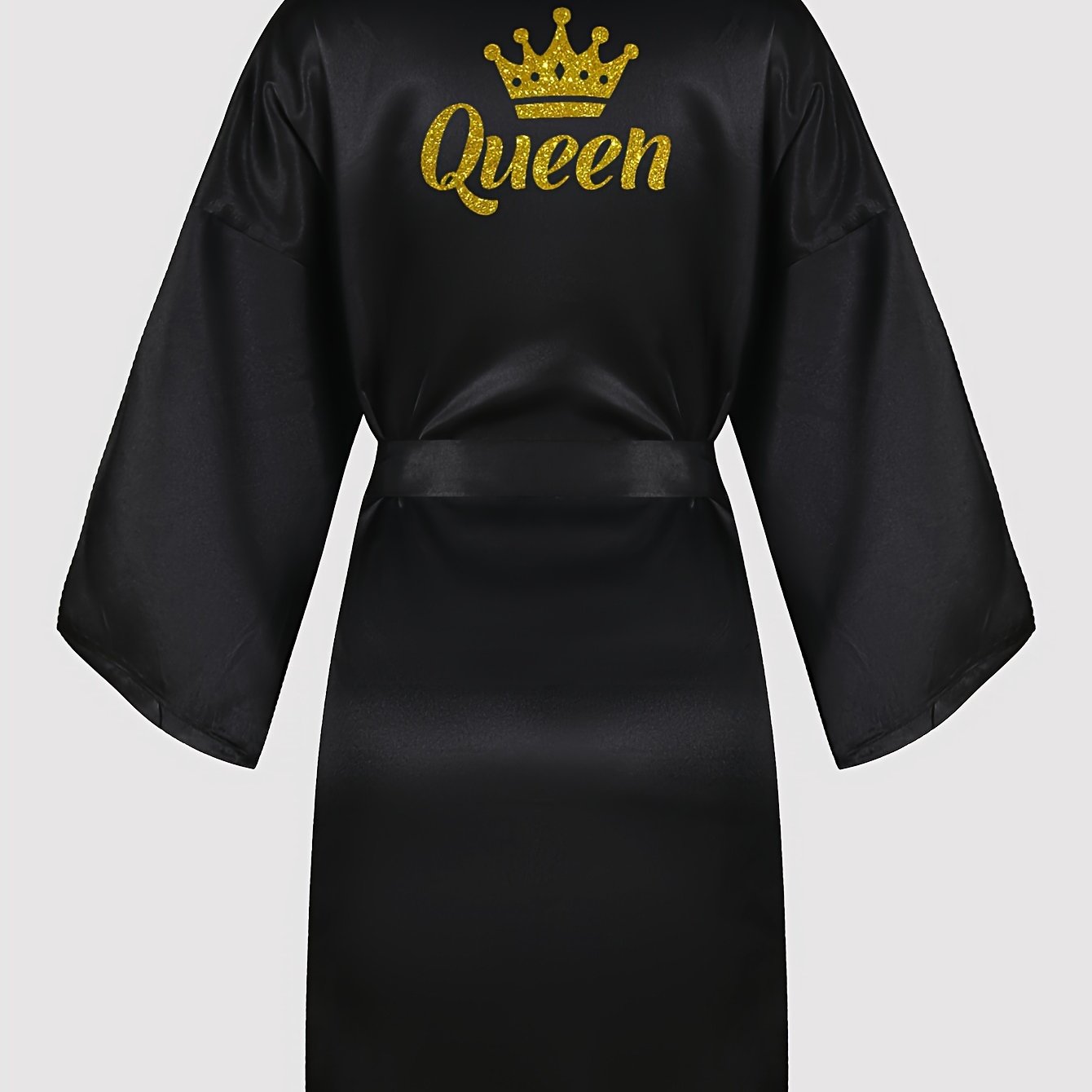 Queenly Chic - 3/4 Sleeve V-Neck Night Robe with Belt, Soft Womens Sleepwear featuring Letter Pattern for a Stylish Evening Comfort