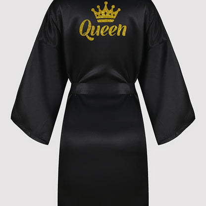 Queenly Chic - 3/4 Sleeve V-Neck Night Robe with Belt, Soft Womens Sleepwear featuring Letter Pattern for a Stylish Evening Comfort