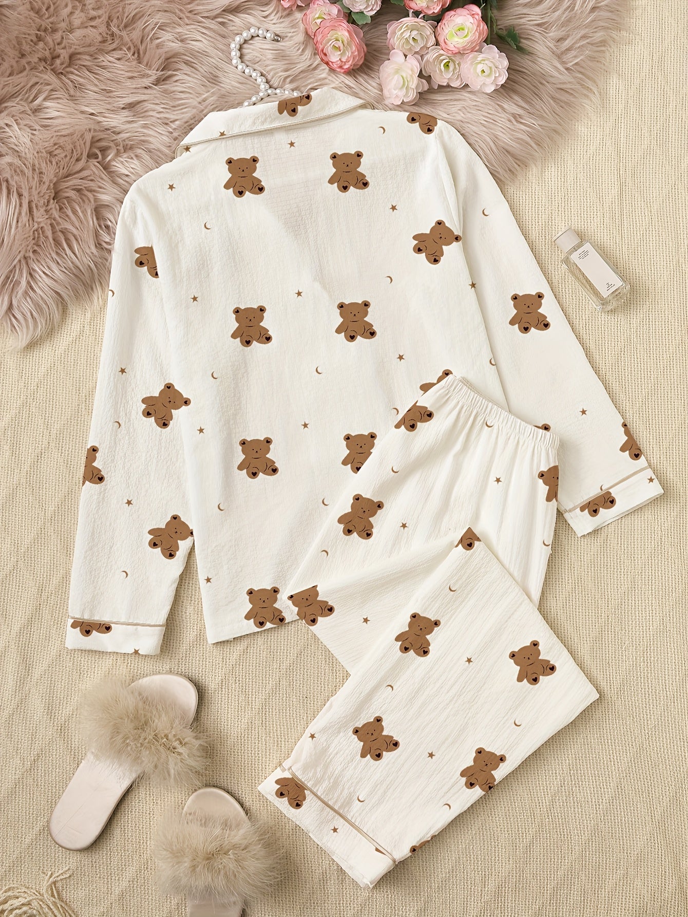 1set Cute Cartoon Bear Print Long Sleeve Pajama Set for Women - Polyester Lapel Collar Patterned Sleepwear, Woven All-Season Loungewear