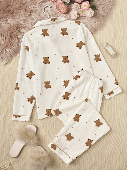 1set Cute Cartoon Bear Print Long Sleeve Pajama Set for Women - Polyester Lapel Collar Patterned Sleepwear, Woven All-Season Loungewear