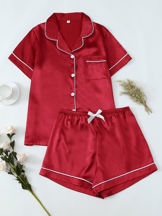 Women'S Summer Solid Color Ice Sliky Fiber Fabric Short Sleeve Shorts Simple Casual Cardigan Set, Perfect for Adult, Casual Attire, Casual Attire|Casual Style|Short Sleeve Top|Shorts Bottom, Ladies Pajamas And Loungewear Sets