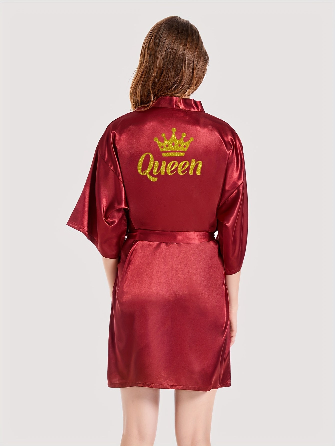Queenly Chic - 3/4 Sleeve V-Neck Night Robe with Belt, Soft Womens Sleepwear featuring Letter Pattern for a Stylish Evening Comfort