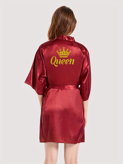 Queenly Chic - 3/4 Sleeve V-Neck Night Robe with Belt, Soft Womens Sleepwear featuring Letter Pattern for a Stylish Evening Comfort