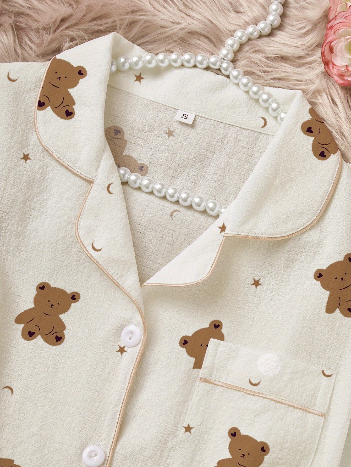 1set Cute Cartoon Bear Print Long Sleeve Pajama Set for Women - Polyester Lapel Collar Patterned Sleepwear, Woven All-Season Loungewear