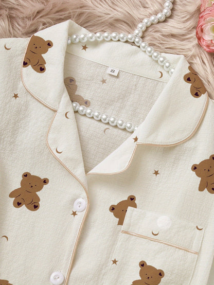 1set Cute Cartoon Bear Print Long Sleeve Pajama Set for Women - Polyester Lapel Collar Patterned Sleepwear, Woven All-Season Loungewear