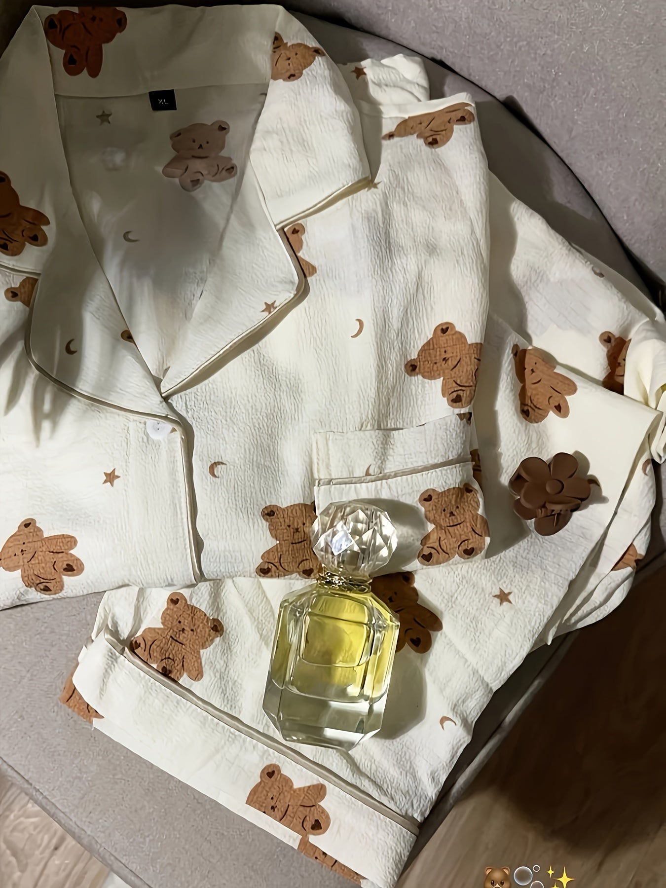 1set Cute Cartoon Bear Print Long Sleeve Pajama Set for Women - Polyester Lapel Collar Patterned Sleepwear, Woven All-Season Loungewear