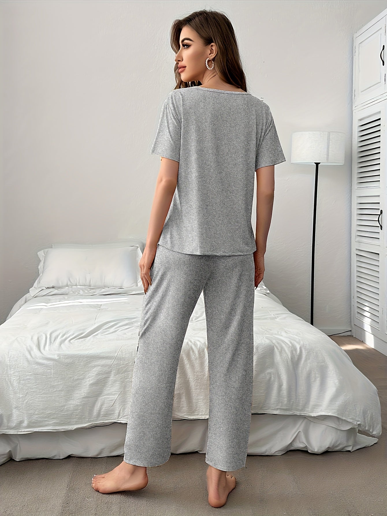 Women'S Casual Yellow joyful Face Pajama Set - Short Sleeve, Long Pants, Crew Neck, All-Season Sleepwear, Comfortable Loungewear, Casual Loungewear|Playful Design|Soft Texture