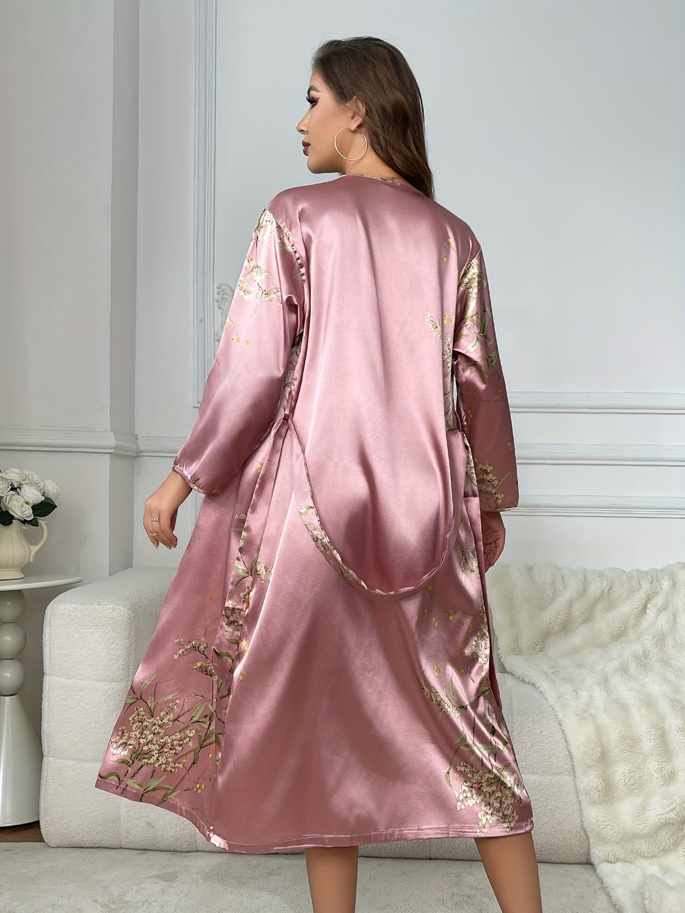 Women's Elegant Cherry Blossom Print Sexy 2-Piece Sleepwear Set, Fashionable Satin Robe & Turtleneck Slip Nightdress - For Fall & Winter