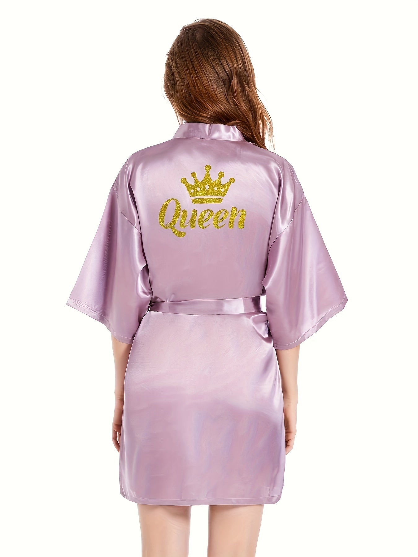 Queenly Chic - 3/4 Sleeve V-Neck Night Robe with Belt, Soft Womens Sleepwear featuring Letter Pattern for a Stylish Evening Comfort