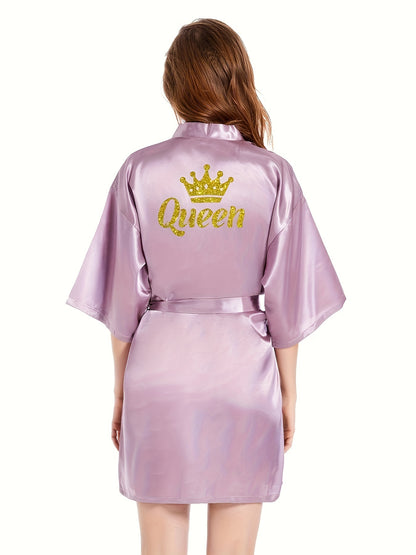 Queenly Chic - 3/4 Sleeve V-Neck Night Robe with Belt, Soft Womens Sleepwear featuring Letter Pattern for a Stylish Evening Comfort