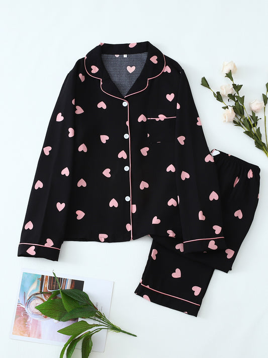 Women's Heart Print Long Sleeve Pajama Set, Polyester & Elastane Lounge Wear, Soft & Comfortable Sleepwear For Women