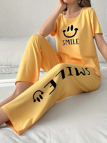 Women'S Casual Yellow joyful Face Pajama Set - Short Sleeve, Long Pants, Crew Neck, All-Season Sleepwear, Comfortable Loungewear, Casual Loungewear|Playful Design|Soft Texture