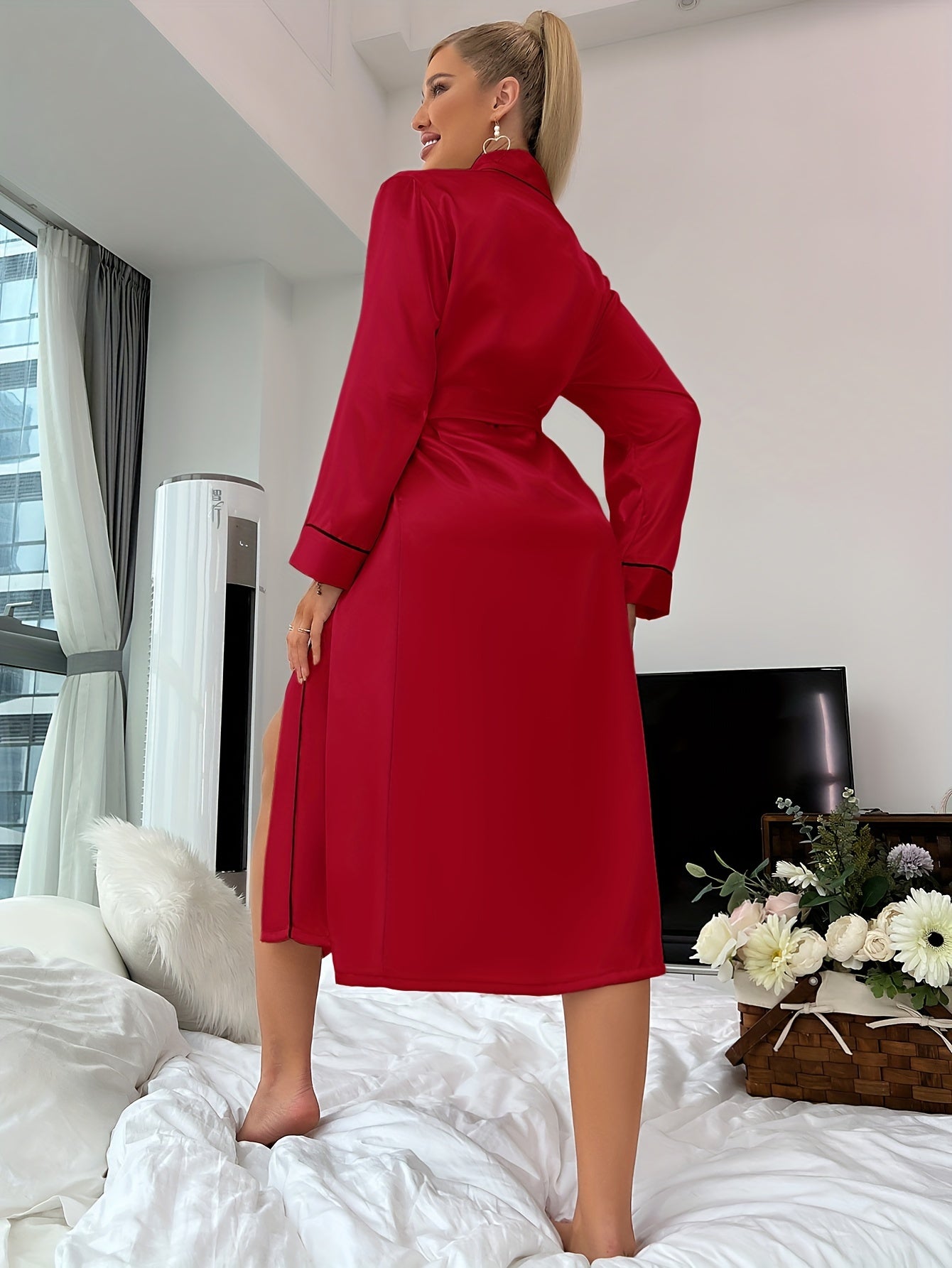 Solid Satin Night Robe, Elegant Long Sleeve V Neck Robe With Belt, Women's Sleepwear