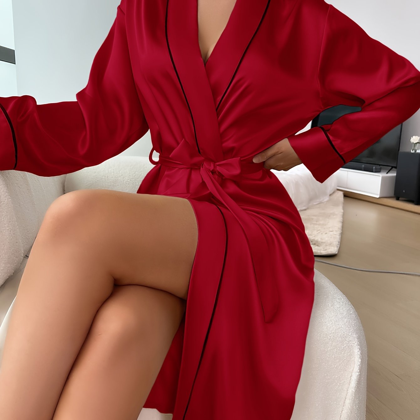 Solid Satin Night Robe, Elegant Long Sleeve V Neck Robe With Belt, Women's Sleepwear