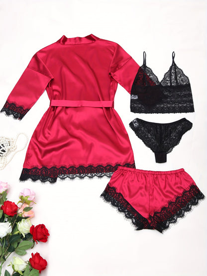 5pcs Women'S Satin Pajama Set, Sexy Solid Color Lingerie with Contrast Lace Detail, Woven Polyester Sleepwear with Belt, Adult Bedroom Wear - Multi-Color
