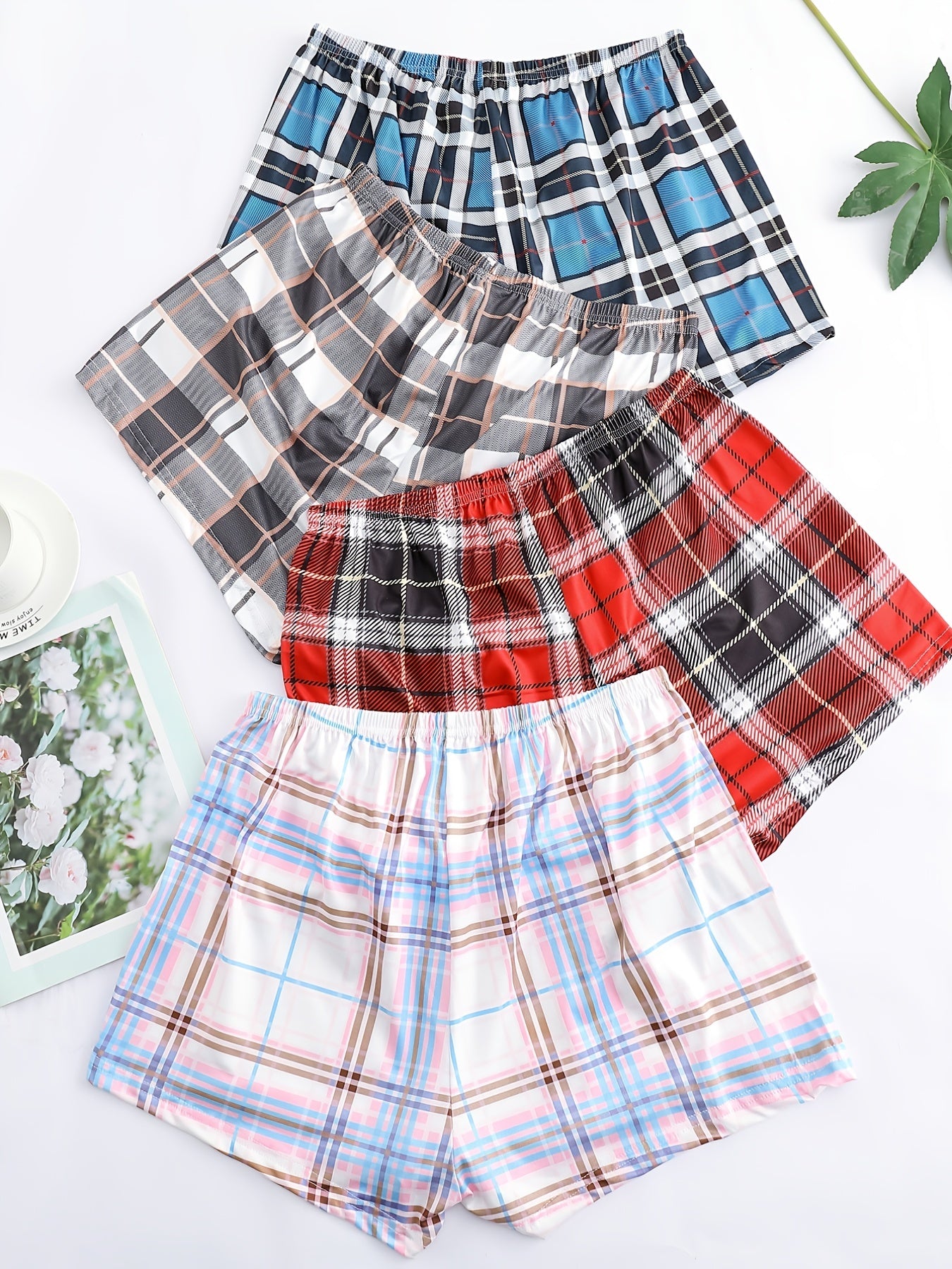 [4pcs Comfy Plaid Lounge Bottoms] 4pcs Plaid Print Lounge Bottoms, Casual & Comfy Elastic Waist Shorts, Women's Sleepwear & Loungewear