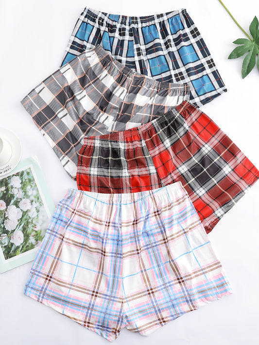 [4pcs Comfy Plaid Lounge Bottoms] 4pcs Plaid Print Lounge Bottoms, Casual & Comfy Elastic Waist Shorts, Women's Sleepwear & Loungewear