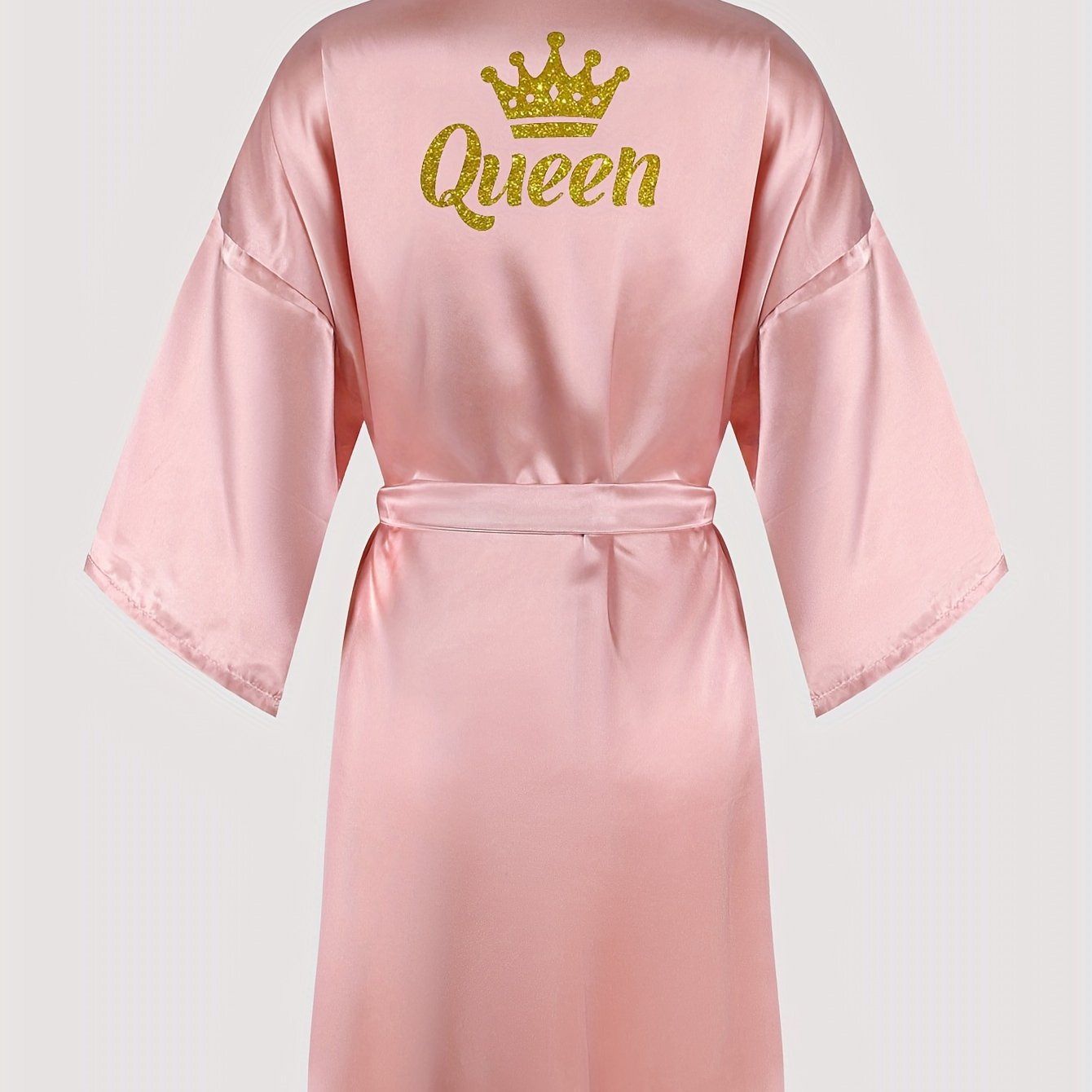 Queenly Chic - 3/4 Sleeve V-Neck Night Robe with Belt, Soft Womens Sleepwear featuring Letter Pattern for a Stylish Evening Comfort