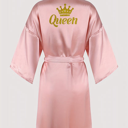 Queenly Chic - 3/4 Sleeve V-Neck Night Robe with Belt, Soft Womens Sleepwear featuring Letter Pattern for a Stylish Evening Comfort