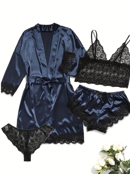 5pcs Women'S Satin Pajama Set, Sexy Solid Color Lingerie with Contrast Lace Detail, Woven Polyester Sleepwear with Belt, Adult Bedroom Wear - Multi-Color