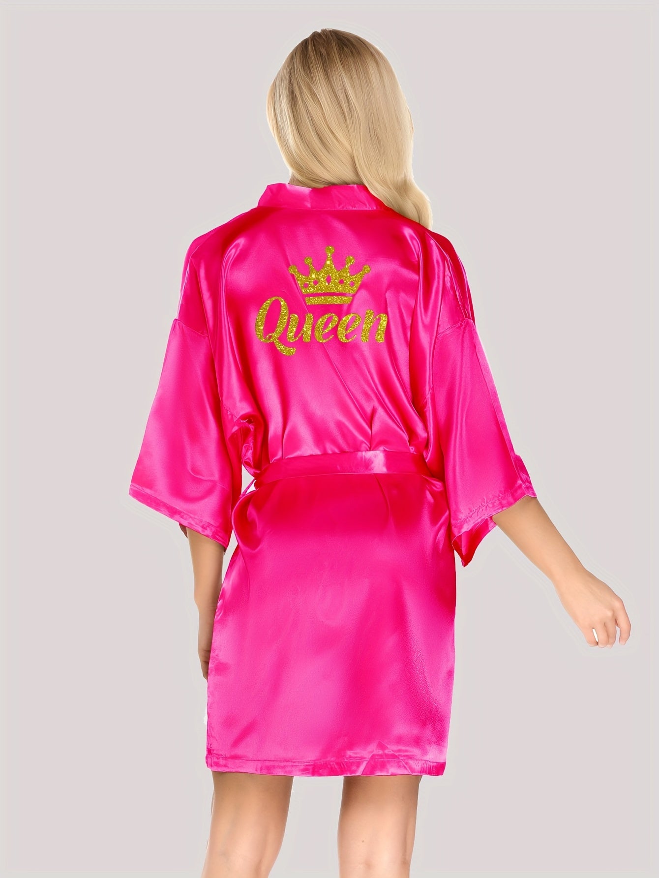 Queenly Chic - 3/4 Sleeve V-Neck Night Robe with Belt, Soft Womens Sleepwear featuring Letter Pattern for a Stylish Evening Comfort