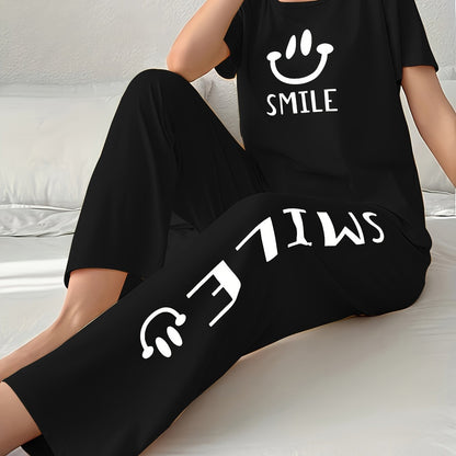 Women'S Casual Yellow joyful Face Pajama Set - Short Sleeve, Long Pants, Crew Neck, All-Season Sleepwear, Comfortable Loungewear, Casual Loungewear|Playful Design|Soft Texture