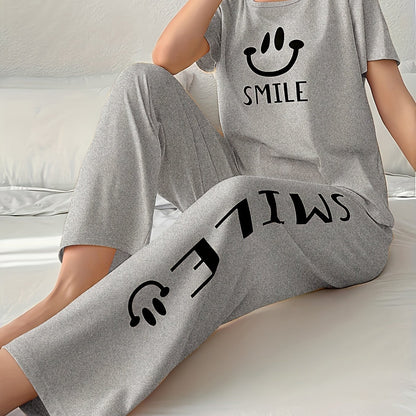 Women'S Casual Yellow joyful Face Pajama Set - Short Sleeve, Long Pants, Crew Neck, All-Season Sleepwear, Comfortable Loungewear, Casual Loungewear|Playful Design|Soft Texture