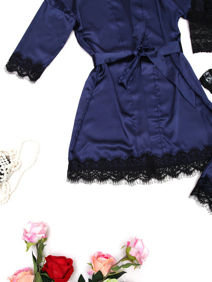 5pcs Women'S Satin Pajama Set, Sexy Solid Color Lingerie with Contrast Lace Detail, Woven Polyester Sleepwear with Belt, Adult Bedroom Wear - Multi-Color